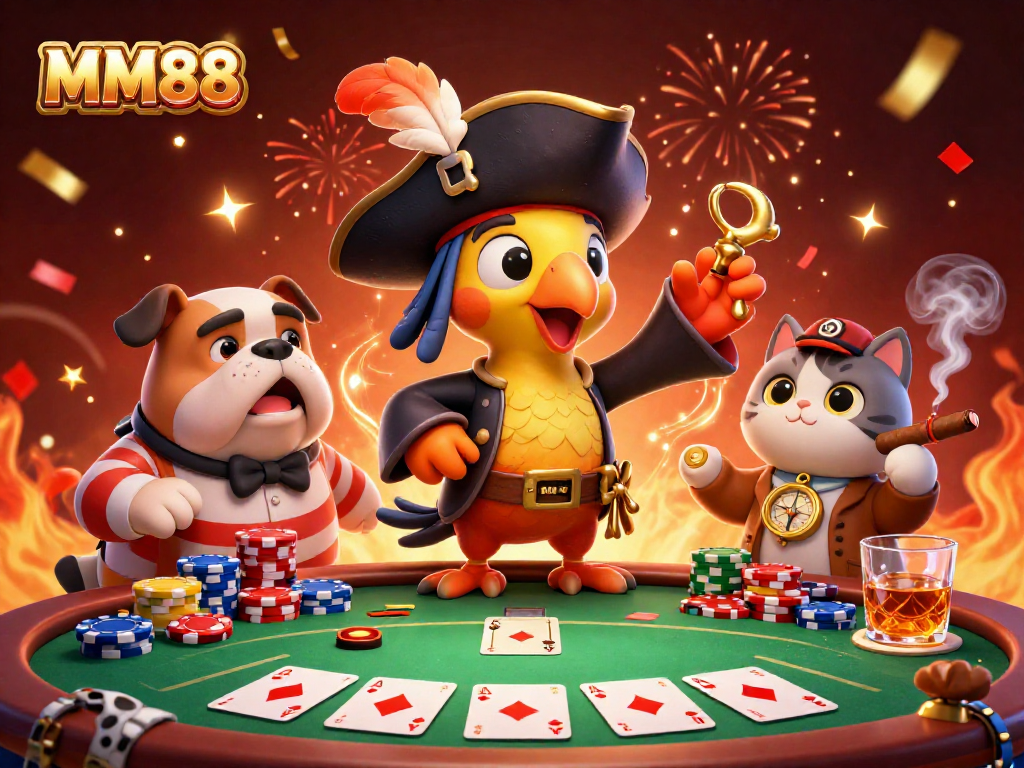 Experience the thrill of MM88 as a pirate captain and companions spotlight strategic poker action.