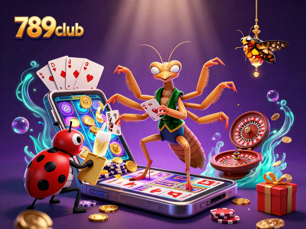 Playing games at 789club features a giant praying mantis dealing cards and a ladybug pit boss