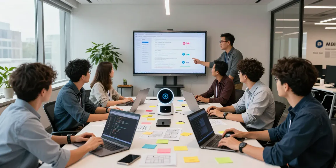 Build internal tools with AI during a collaborative tech workshop, showcasing diverse professionals brainstorming and coding.