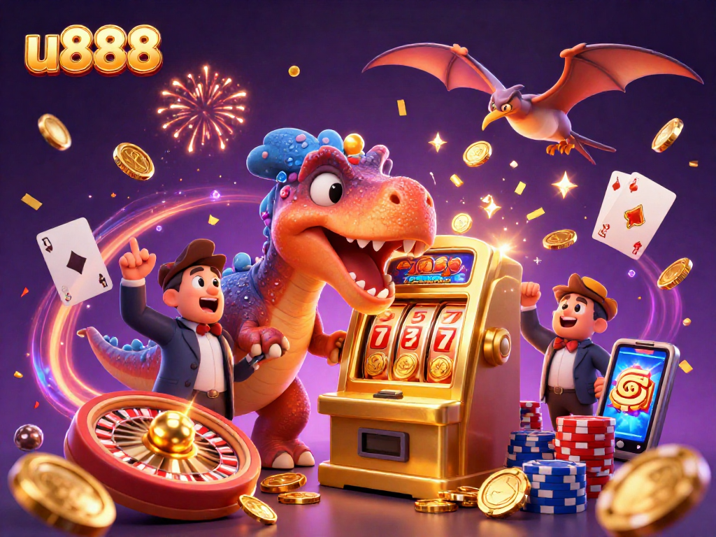 Experience thrilling wins at u888 with a cartoon dinosaur hitting a jackpot slot machine amidst cascading coins.
