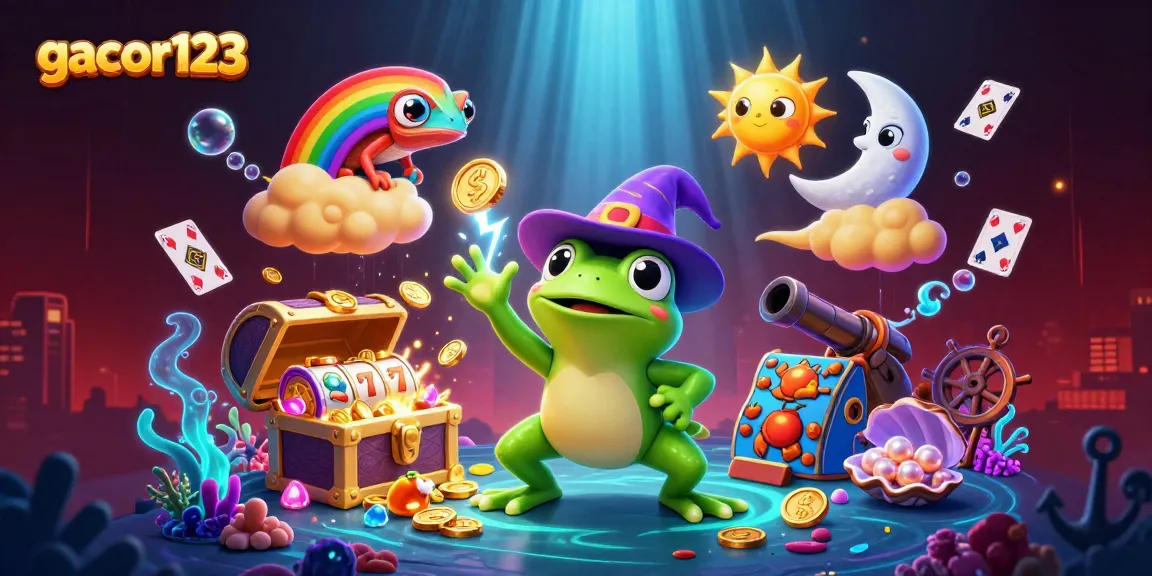 Experience the excitement of gacor123 with a wizard frog amidst a storm of coins and vibrant slots elements.