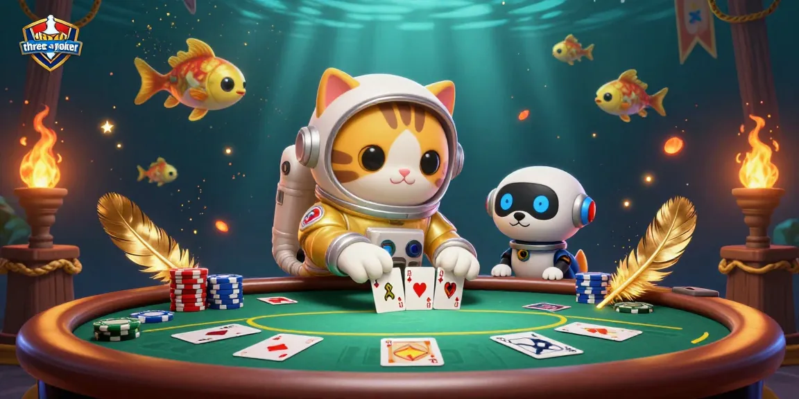 Experience the thrilling action of three-card-poker with a vibrant 3D scene featuring a golden astronaut cat and poker elements.