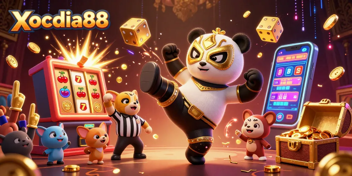 Xocdia88 showcases thrilling casino fun with a vibrant 3D scene of a wrestler panda, exciting game elements, and lively spectators.