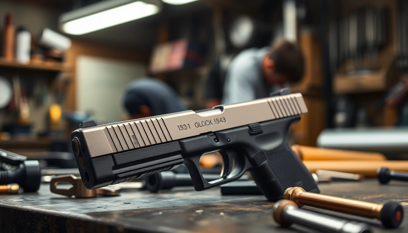 Examine a glock 43 slide mos emphasizing precision and craftsmanship in a workbench setting.