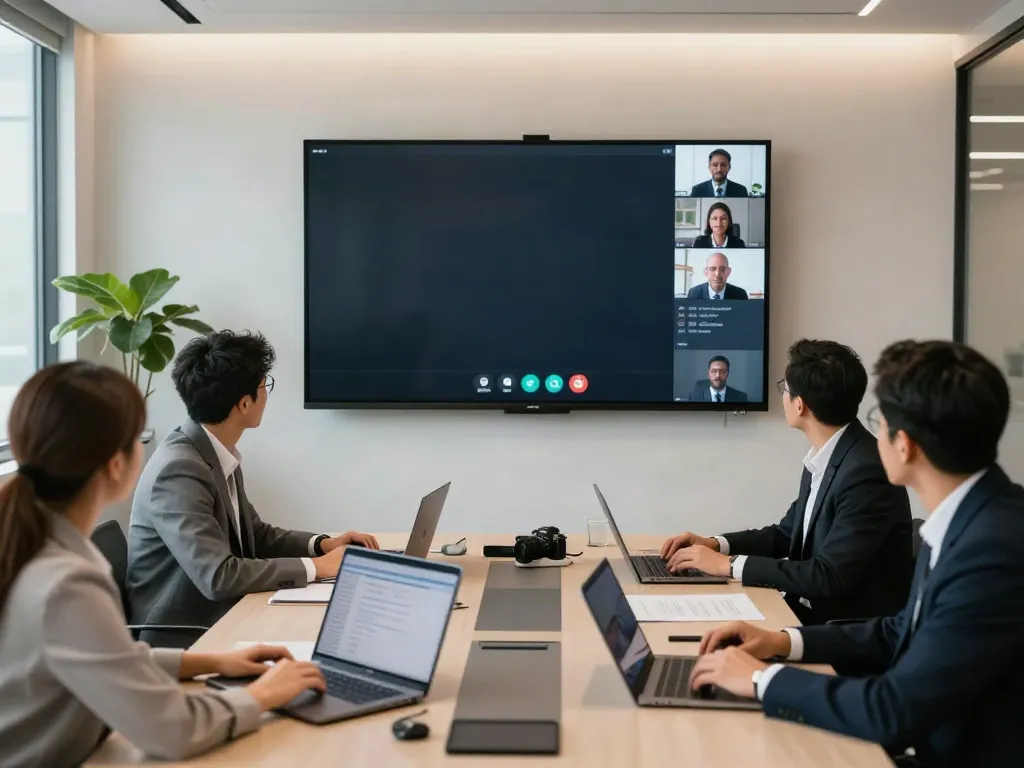 Deepfake protected Online Video Calls, Meetings and Conferencing in a professional conference room with diverse team engaged in secure communication.