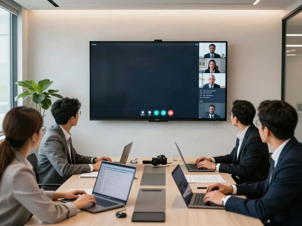 Deepfake protected Online Video Calls, Meetings and Conferencing in a professional conference room with diverse team engaged in secure communication.