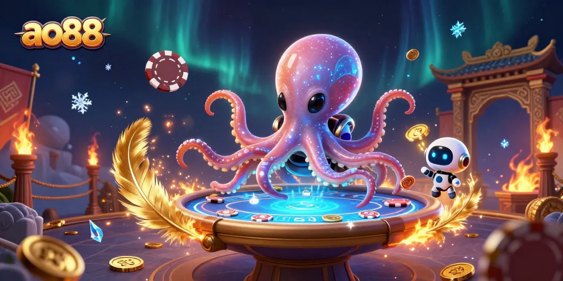 ao88 showcases an alien octopus mastering holographic poker in a vibrant cosmic scene