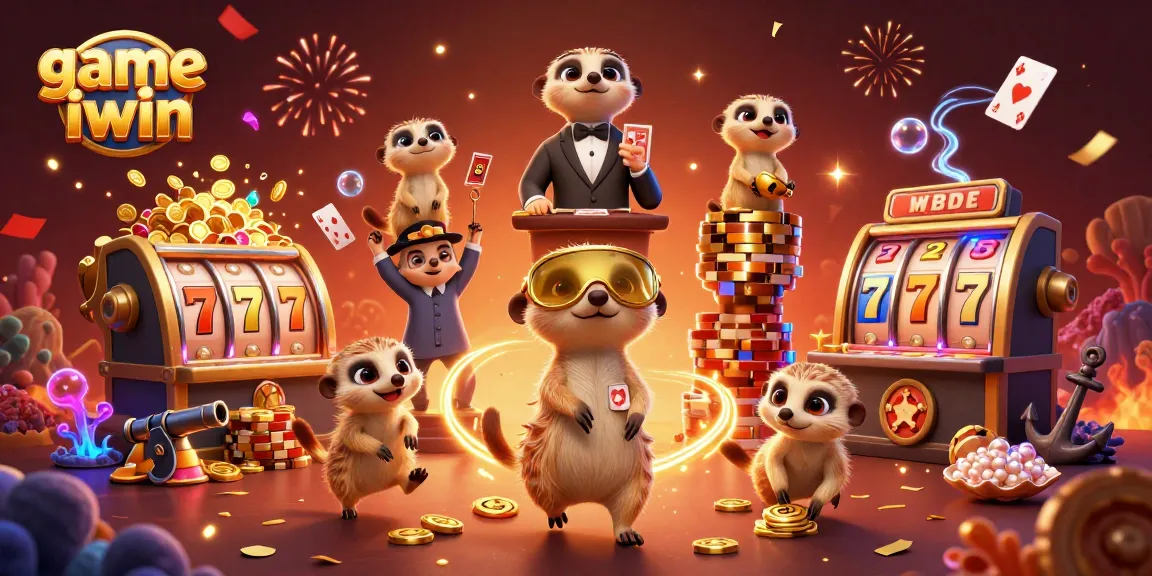 Experience game iwin at this vibrant meerkat casino scene filled with slots and treasures.