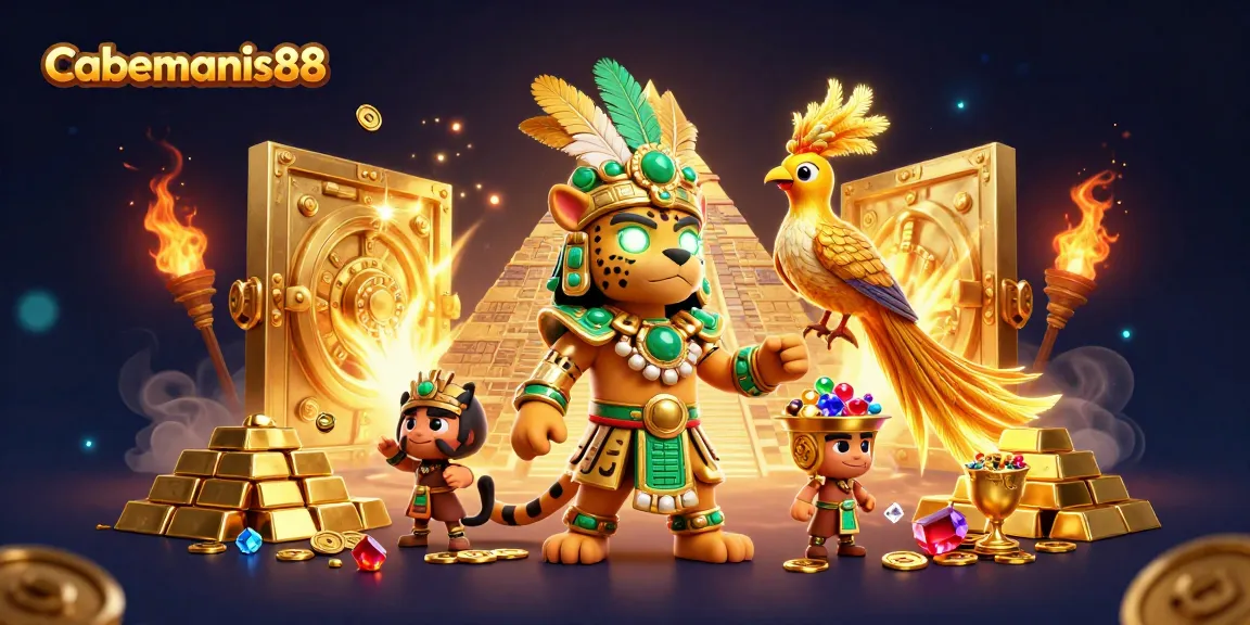 Cabemanis88 offers an exciting online casino experience with vibrant decorations and golden treasures.