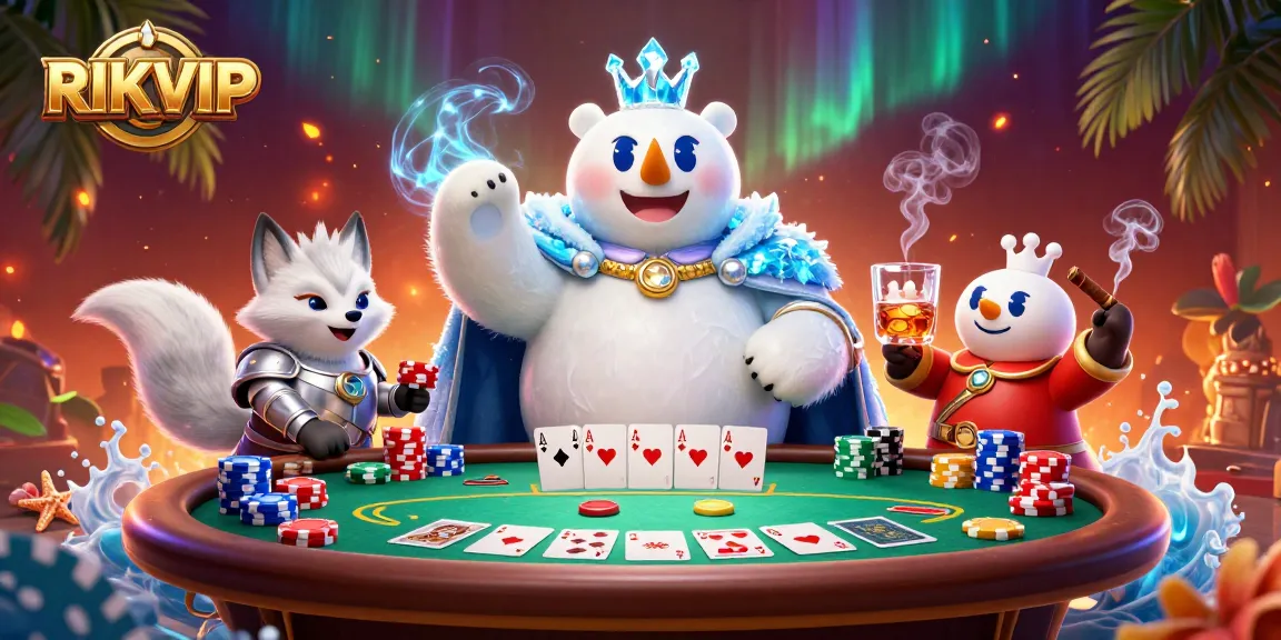 Join RIKVIP players at a vibrant poker scene with a king polar bear and snow fox in action.