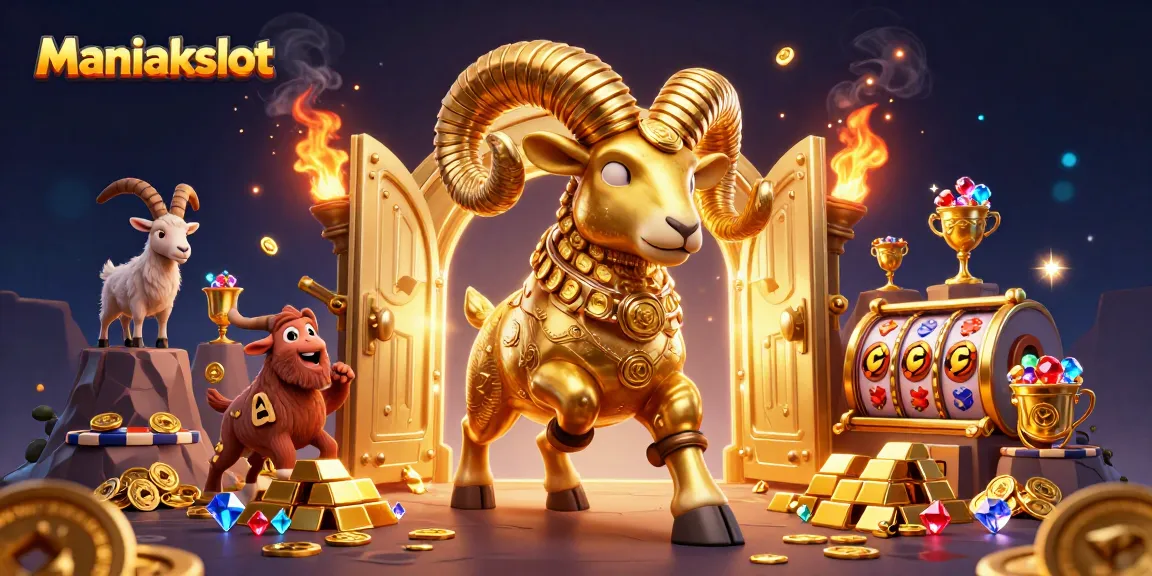 Spin the reels with Maniakslot's enchanting golden ram surrounded by treasures and excitement.