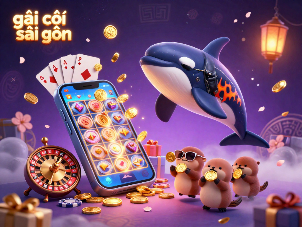 Engaging scene with a cartoon orca, stingray, and otters showcasing gái gọi sài gòn while spinning slot reels and golden coins.