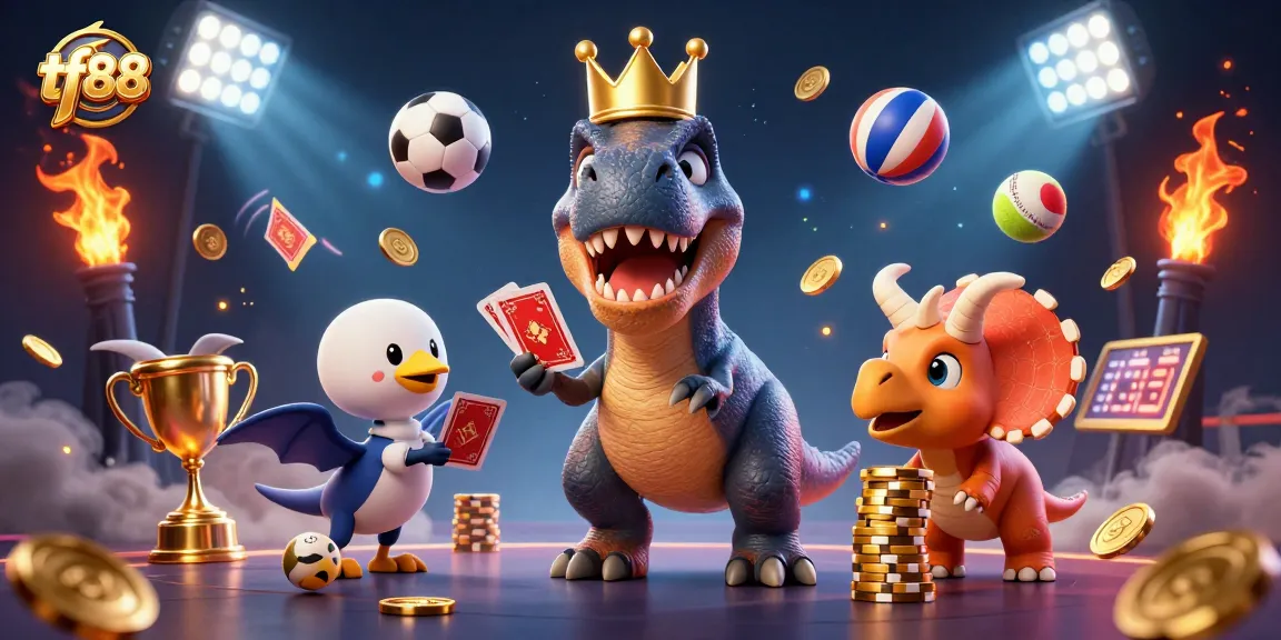 Engage in thrilling gameplay at tf88 with a cartoon T-Rex and a baby triceratops surrounded by winning sports elements.