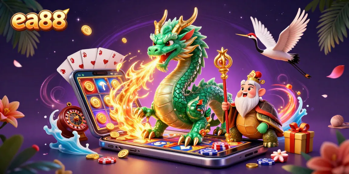 Win at ea88 with an incredible scene of a jade dragon, turtle sage, and lucky cranes amidst vibrant gaming elements.