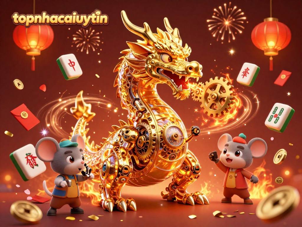 Topnhacaiuytinn showcases a vibrant 3D scene of a golden dragon and fortune elements celebrating winnings.