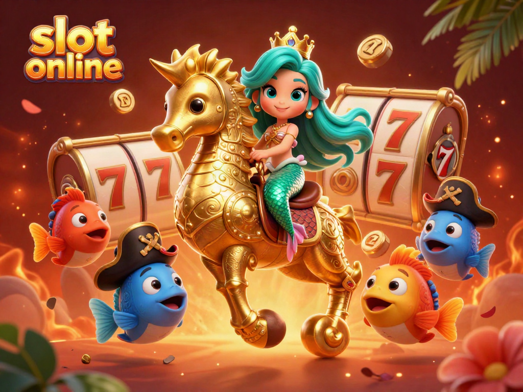 Enjoy thrilling slot online action with a vibrant 3D illustration of a mermaid princess and her seahorse companion.