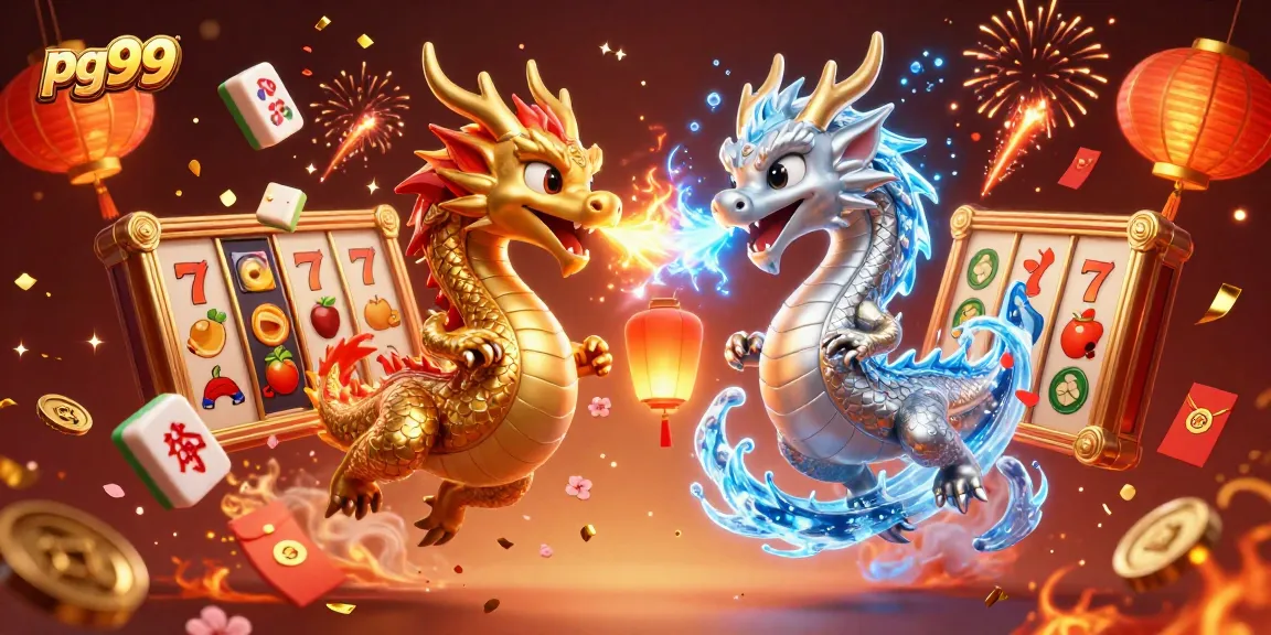 Spin the reels at pg99 with twin dragons in a vibrant casino illustration.
