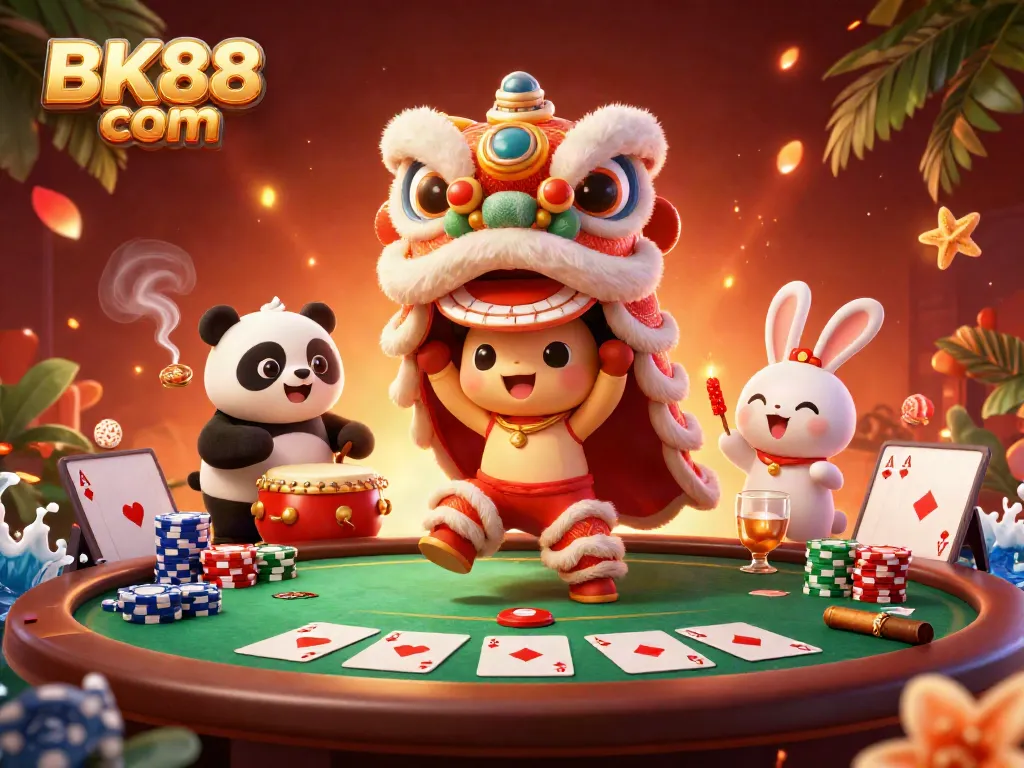 Engage with BK88 com through dynamic poker scenes featuring a colorful lion dance and festive characters.