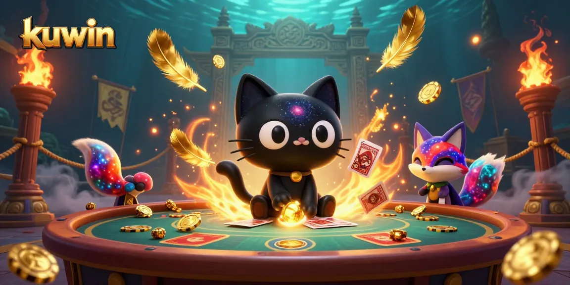 Engage with kuwin's cosmic casino, featuring a black hole cat and colorful nebula fox in a rich, dynamic scene.
