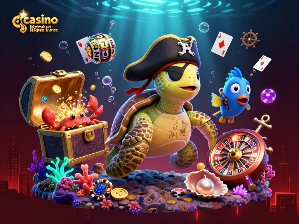 Casino en ligne France : image d'une tortue pirate et des jeux de casino sous l'eau avec des effets lumineux