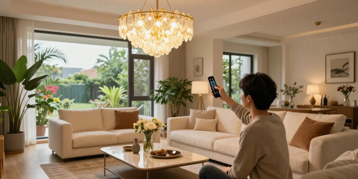 Lustra cu telecomanda elegantă în living modern, lumină ajustabilă pentru o atmosferă primitoare