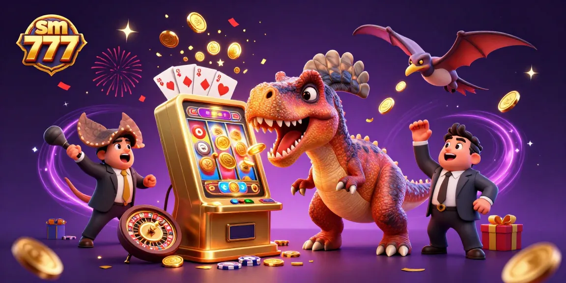 See sm 777 come alive with a pachycephalosaurus celebrating jackpot wins in a vibrant casino scene.