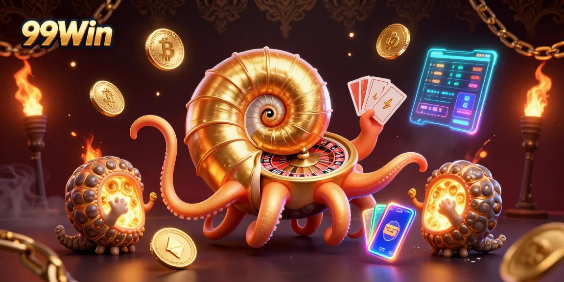 Join the excitement of 99Win as a giant nautilus showcases winning cards amidst vibrant crypto elements.