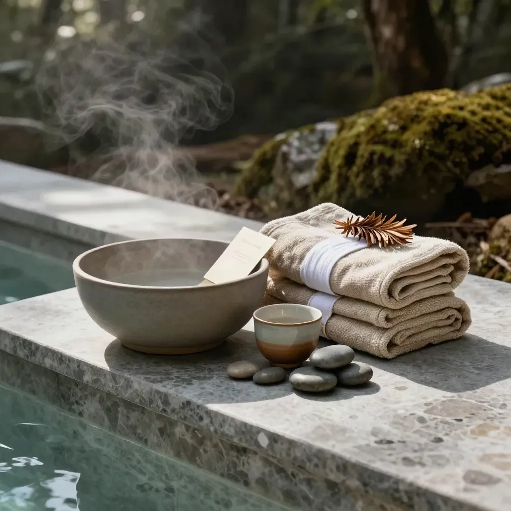 Spa bundle with ceramic bowl, robe, tea cup, cedar sprig and river stones on a steaming stone ledge.