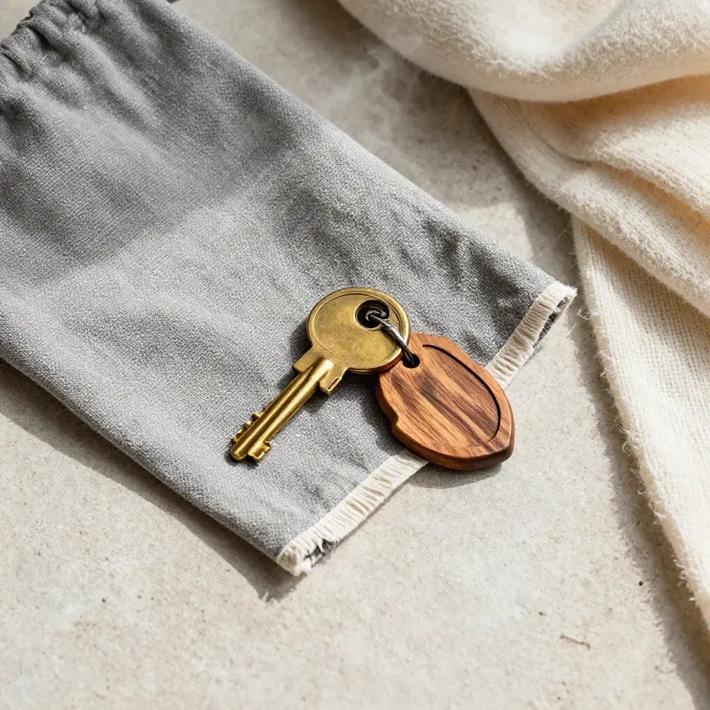 Linen pouch, brass key, wood token and wool throw on pale stone, top-down macro.