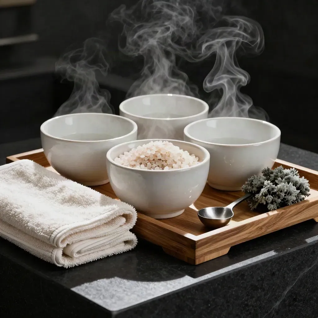 Twin spa bowls, towels, salts, and cedar tray on a dark surface with steam.