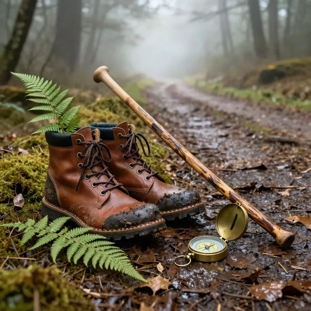 Wet trail boots, walking staff and brass compass on mossy forest ground in mist.
