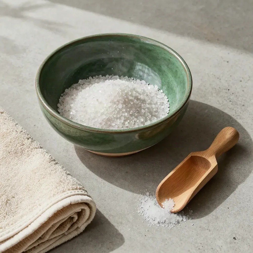 Overhead salt soak flatlay with ceramic bowl, cedar scoop, towel, and spilling crystals