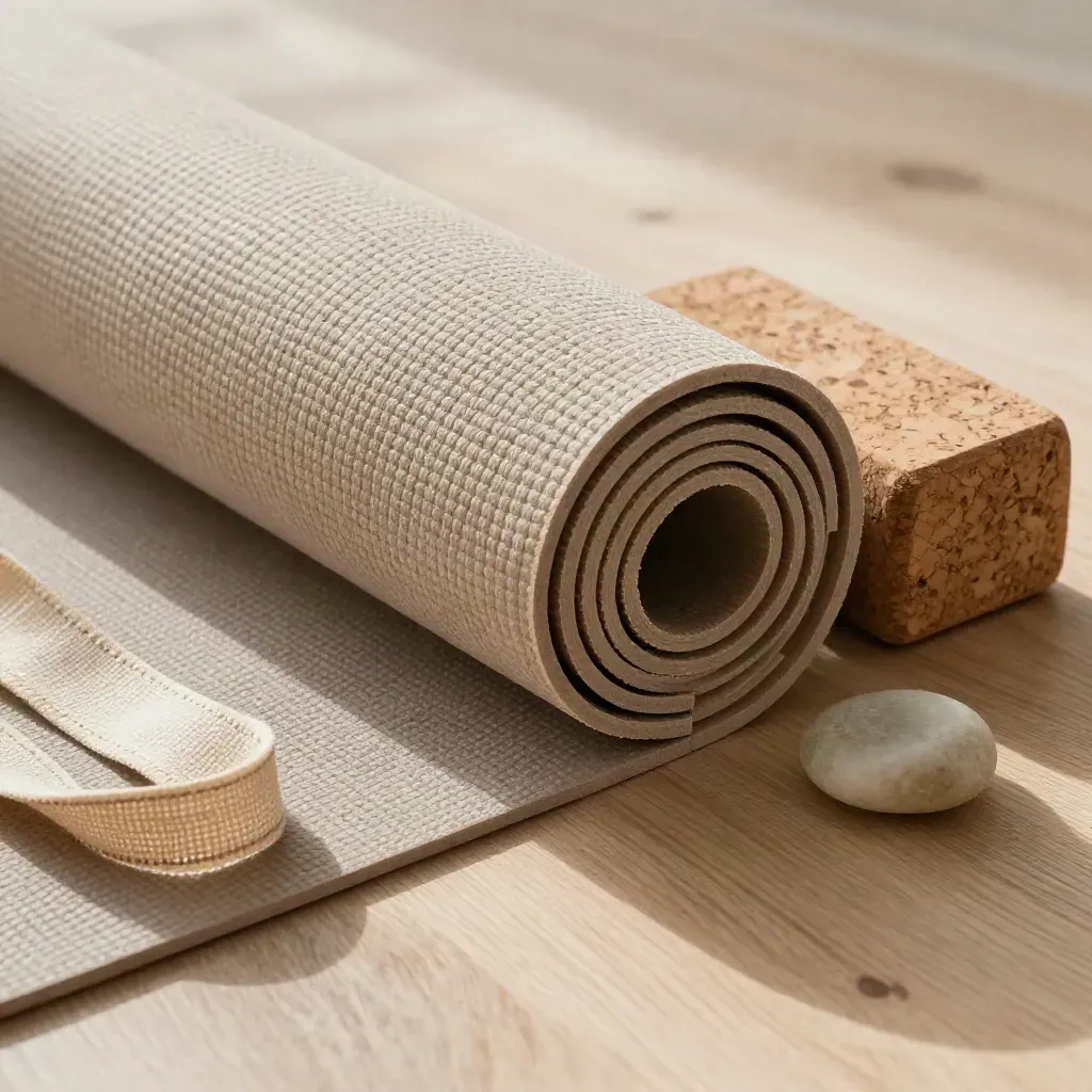 Yoga mat, cork block, linen strap and stone pebble on pale wood in dawn light.