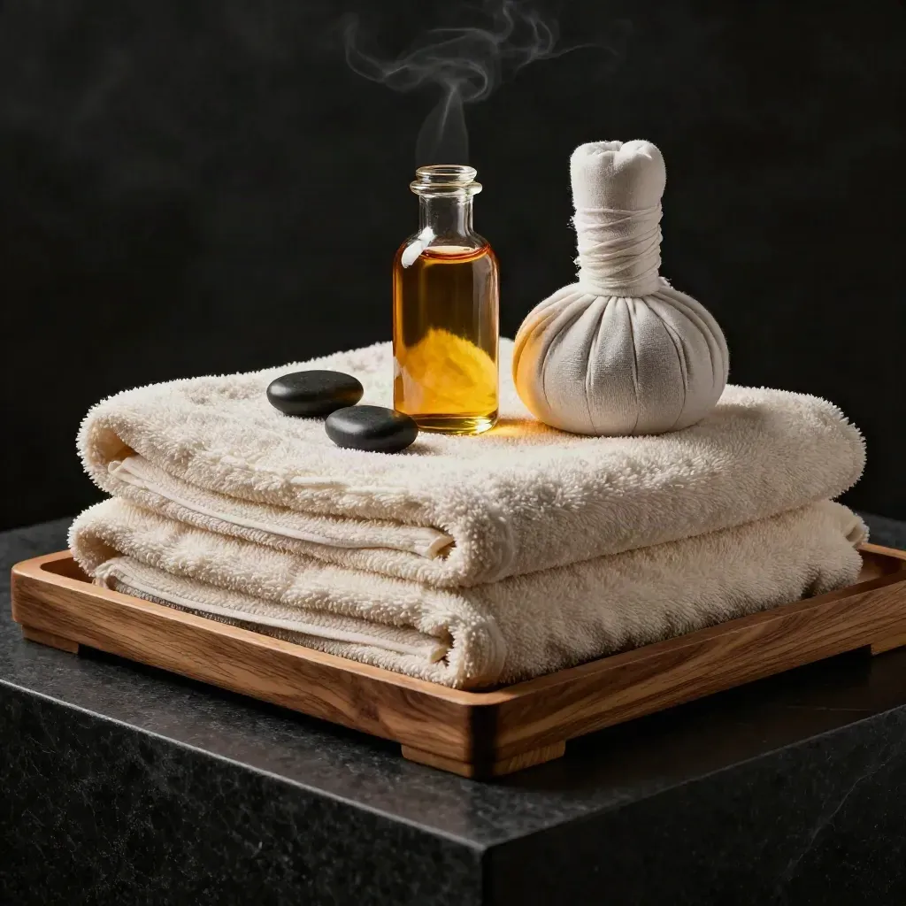 Luxury massage add-on still life with towels, oil bottle, stones, and cedar tray