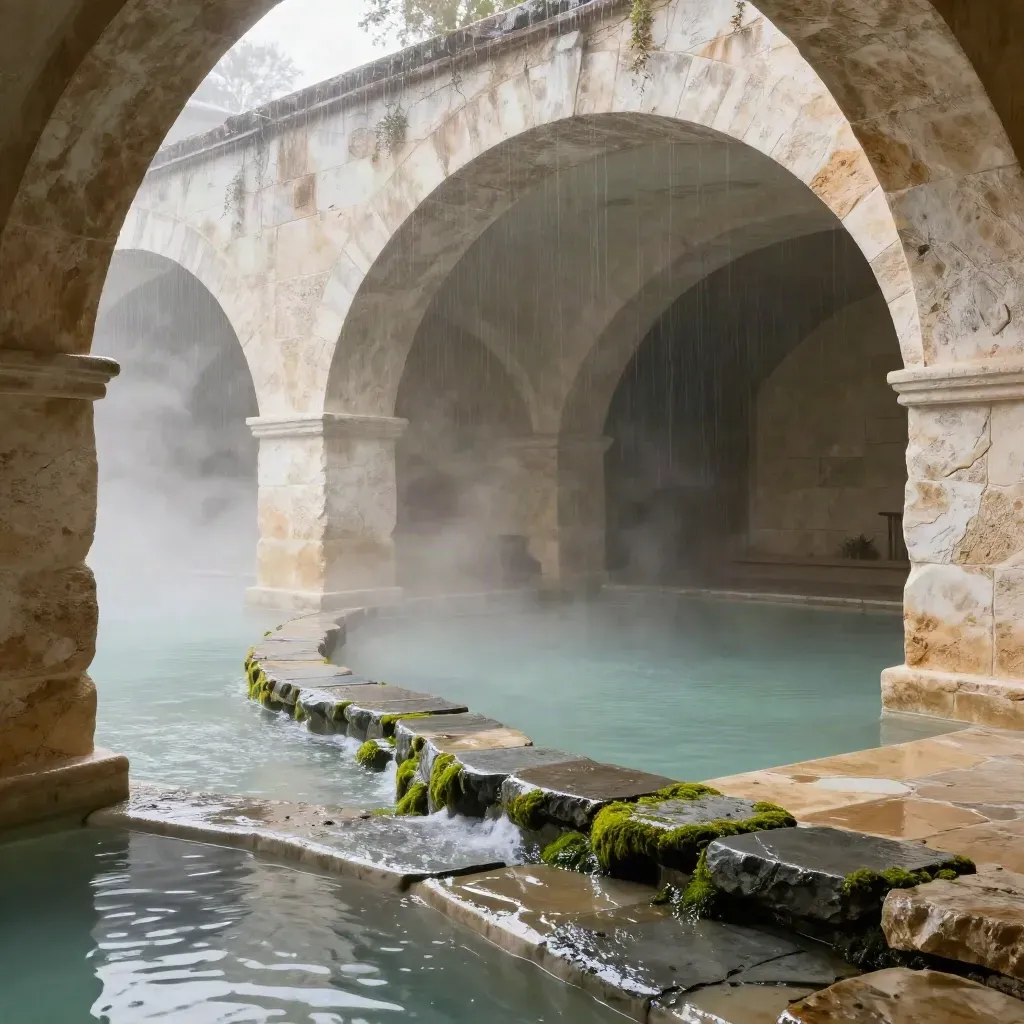 Stone spa alcove with mineral pool, arches, slate steps, moss channel, and misty calm space