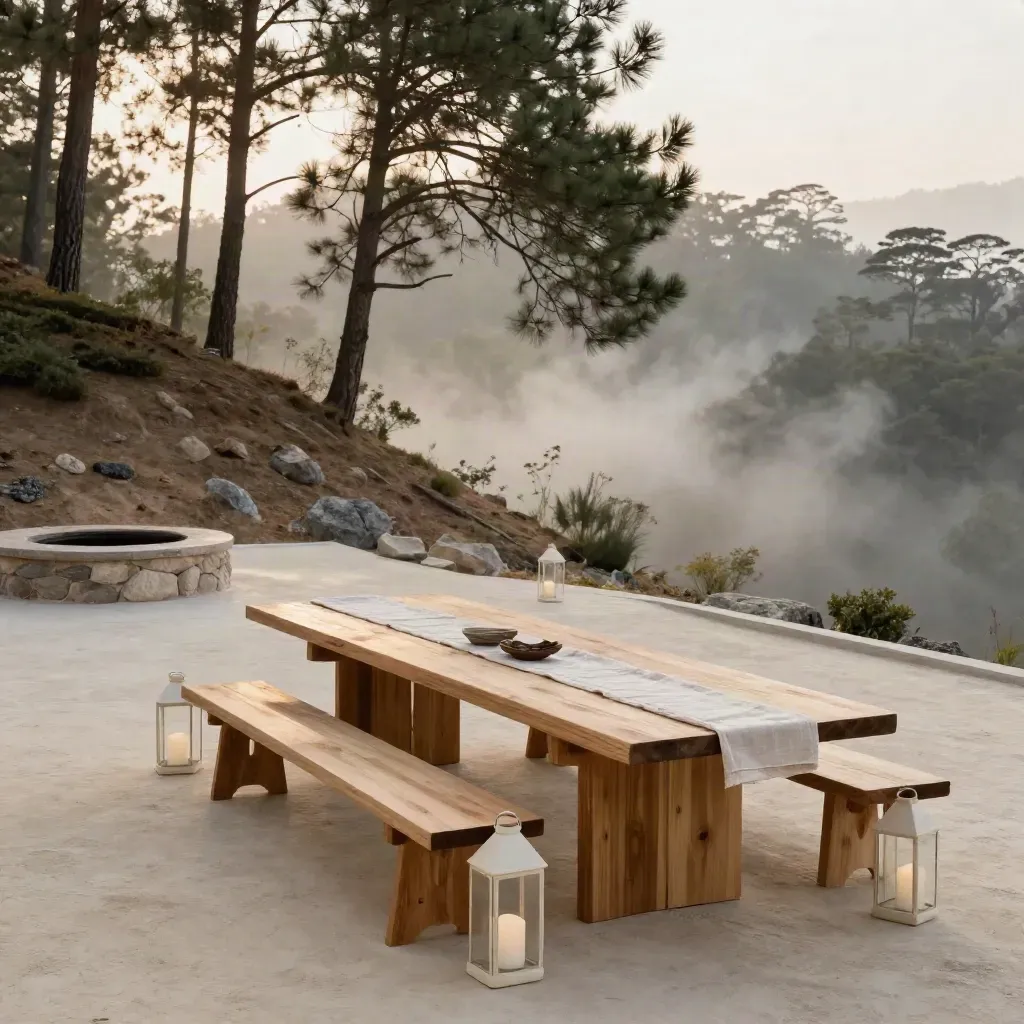Golden-hour hillside event terrace with cedar table, lanterns, firepit, and misty forest clearing.