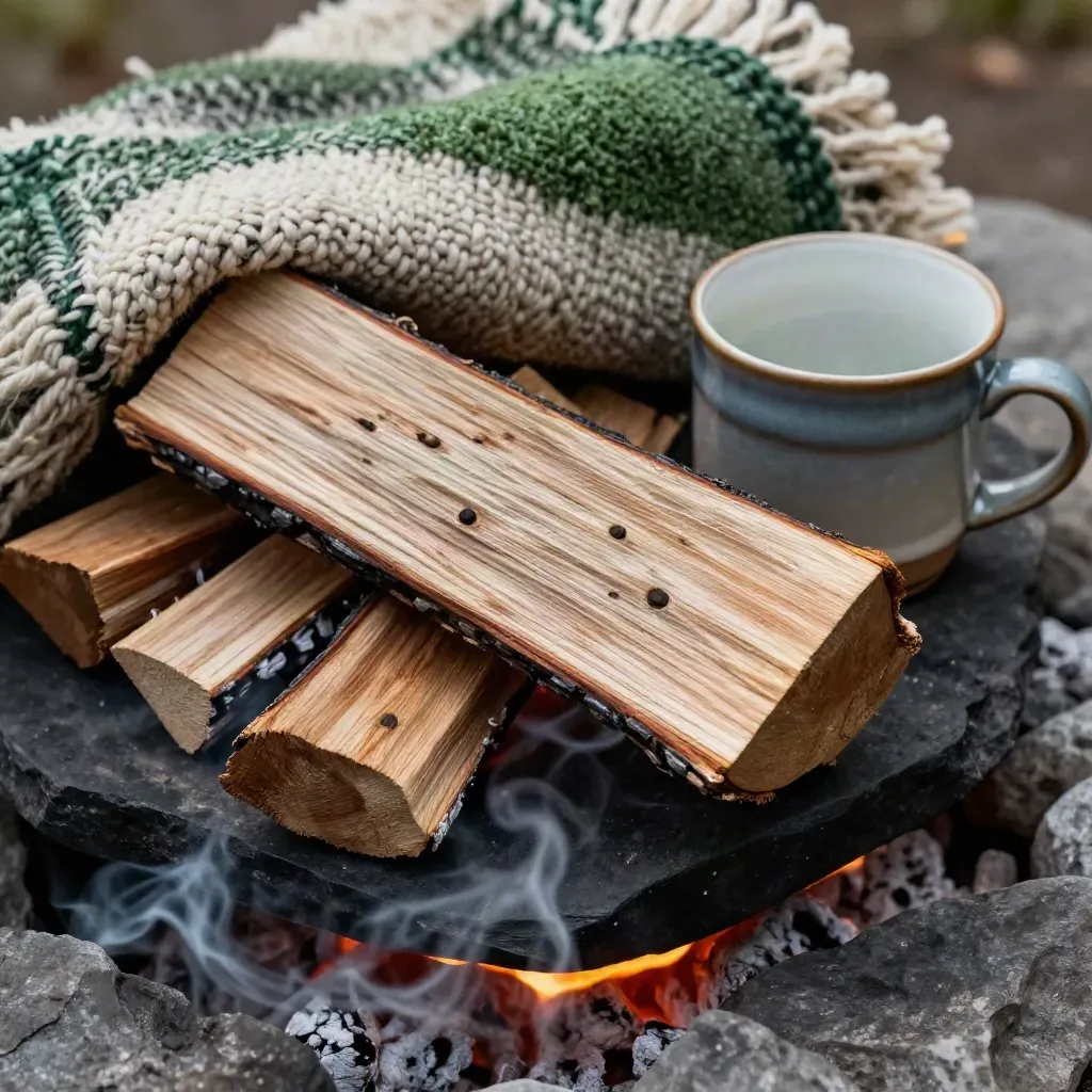 Macro of firewood, ember pan, woven blanket and ceramic mug with smoky firelight