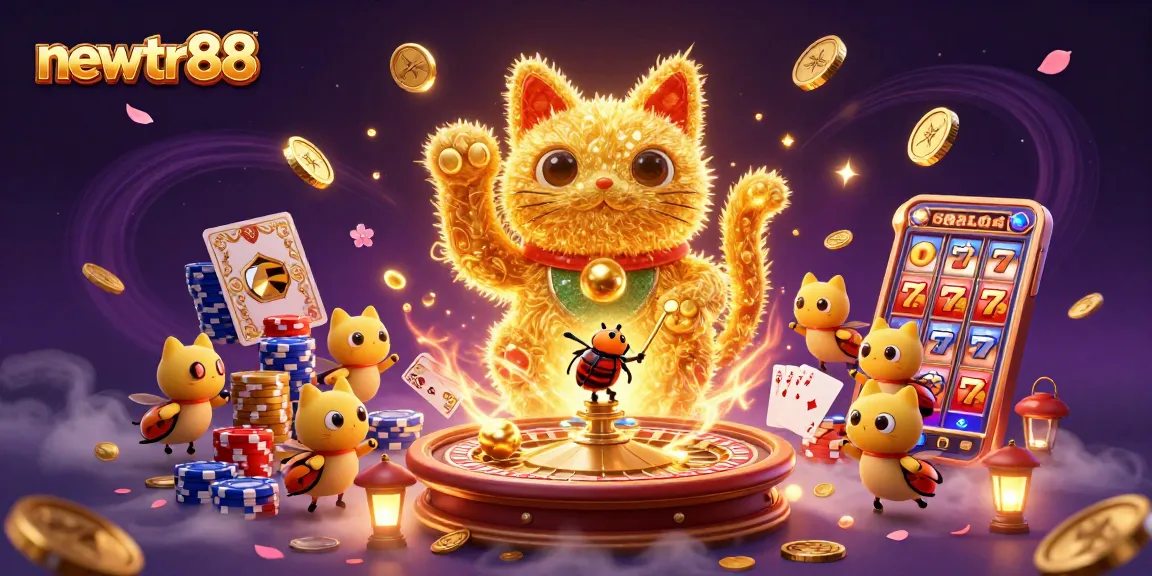 Experience the vibrant energy of newtr88 with a lucky cat and casino symbols in a dynamic 3D scene.