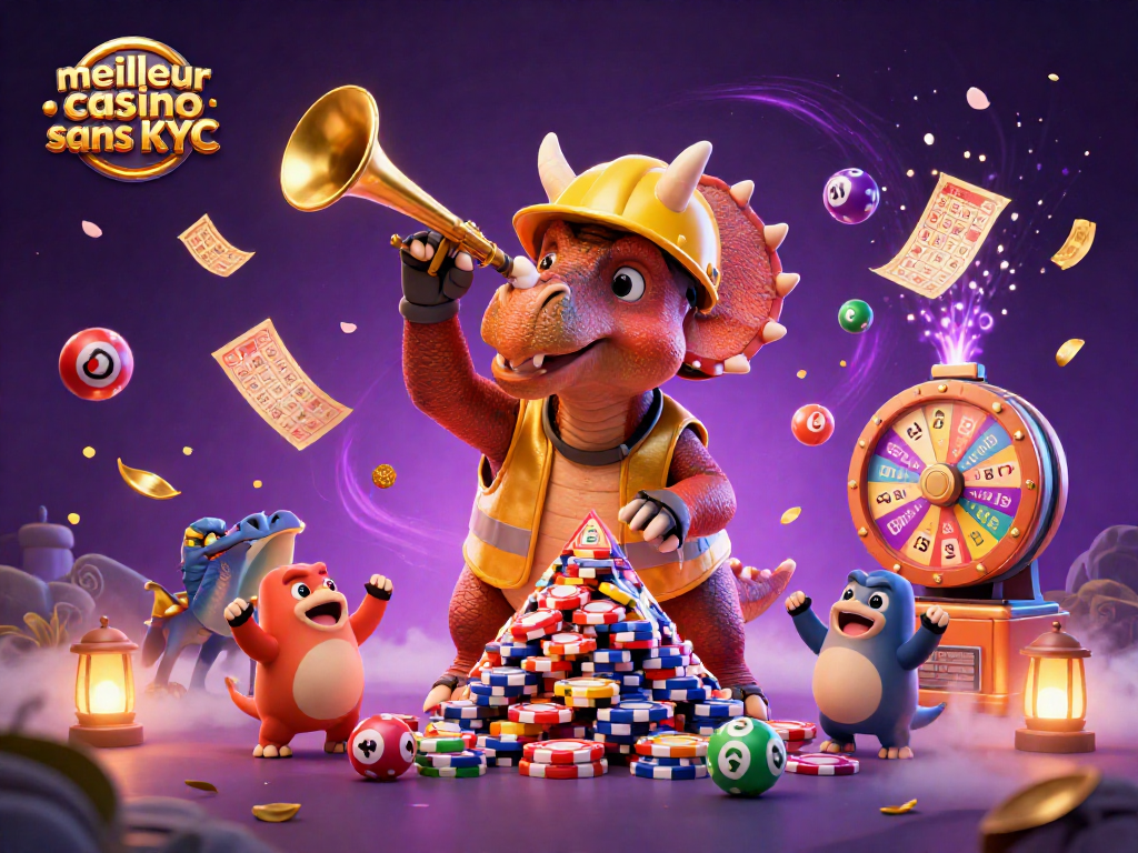 Jouez au meilleur casino sans KYC avec des personnages animés célébrant autour de jeux de loterie.