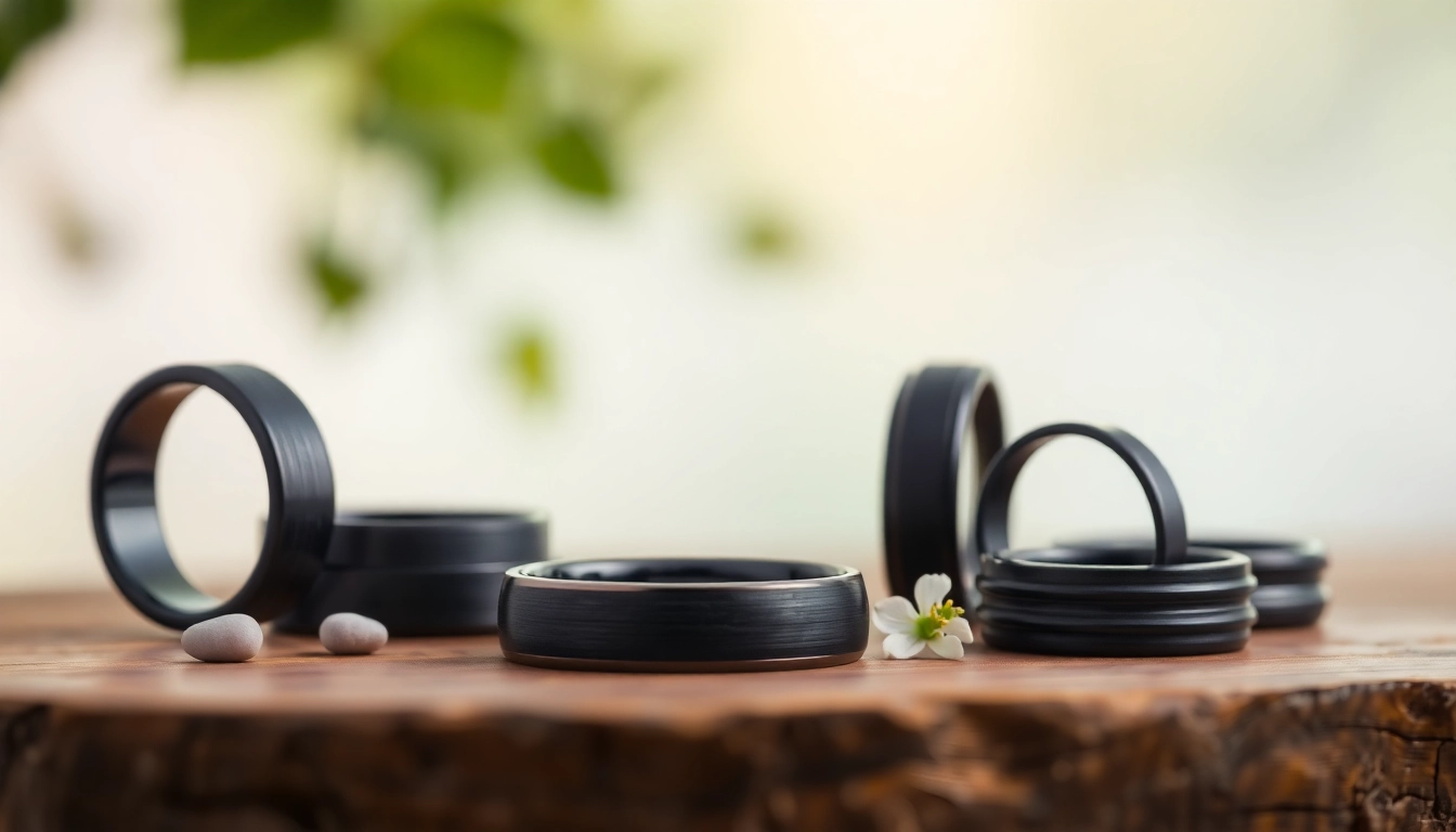 Showcase of elegant black wedding rings for men highlighting unique designs and textures.