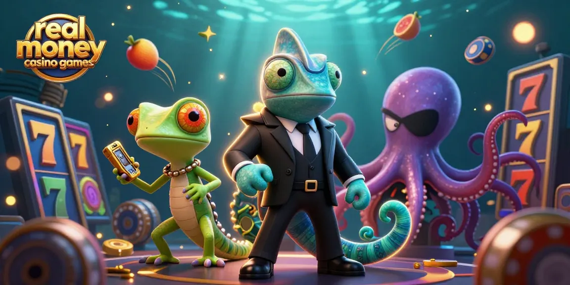 Engaging scene of animated characters exploring real money casino games with vibrant slots and magical effects.
