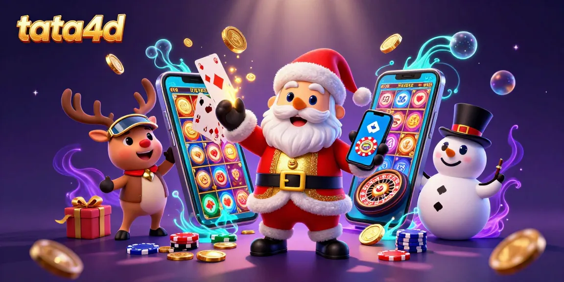 Engage with tata4d's festive casino scene featuring Santa, reindeer, and a poker chip snowman.