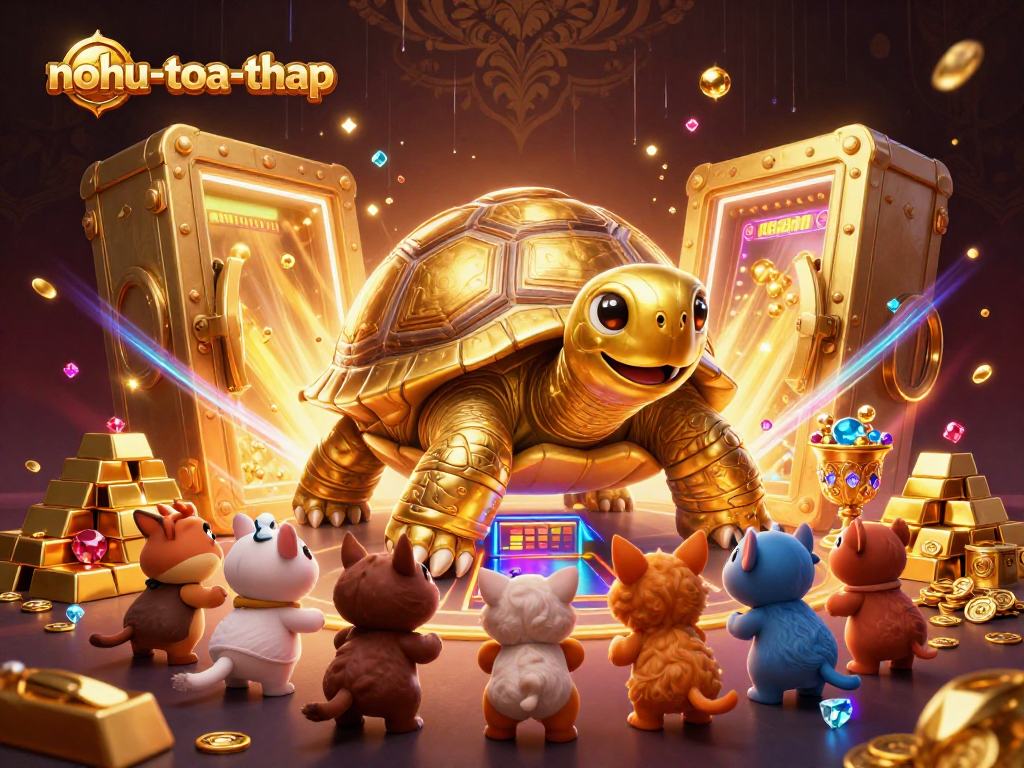 Nurture your luck at nohu-toa-thap with thrilling casino action surrounding a giant golden tortoise and treasure vault.
