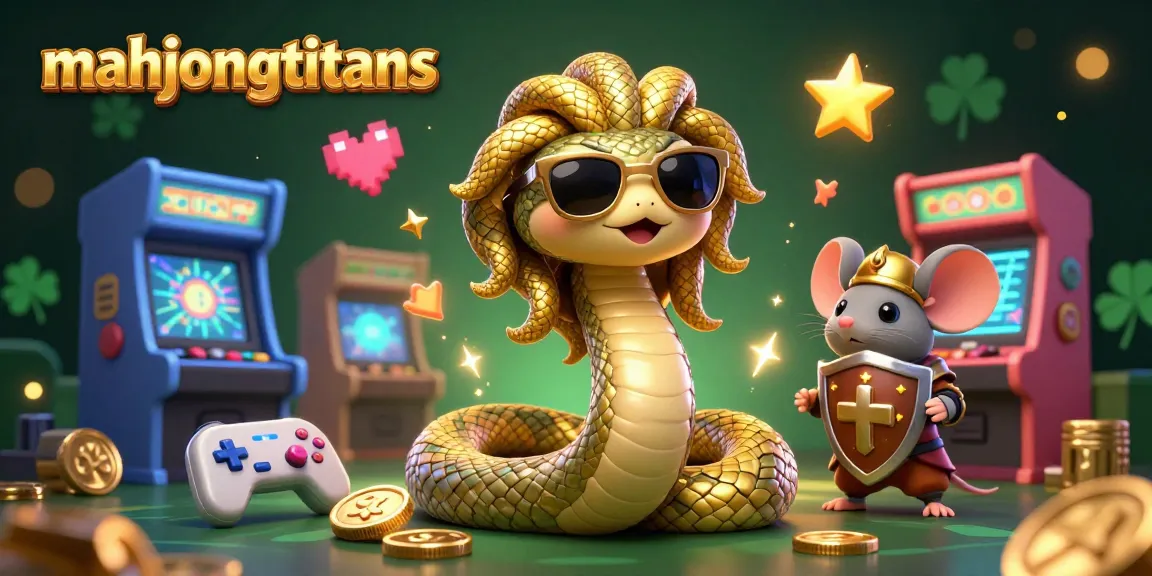 Engage with mahjongtitans as friendly Medusa and a warrior mouse navigate glowing arcade games and treasures.