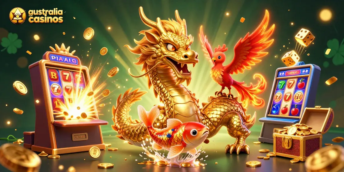 Engaging illustration of australia no deposit casinos showcasing a dragon, phoenix, and koi fish.