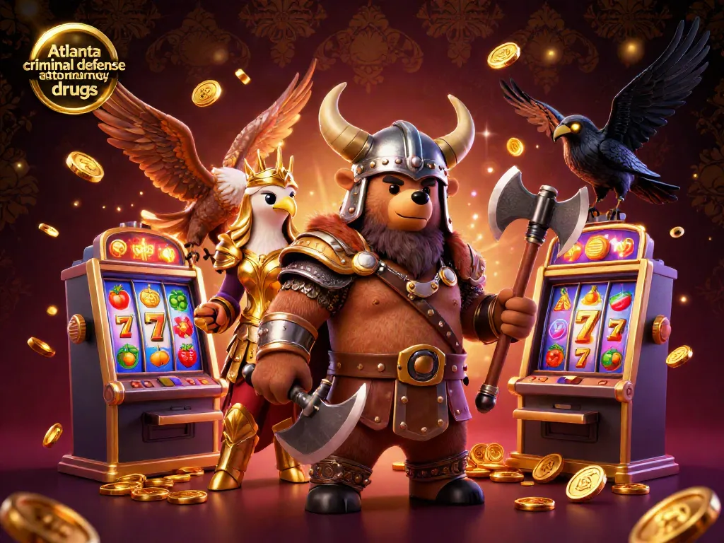 Engaging illustration of Atlanta criminal defense attorney drugs featuring Viking and eagle amidst vibrant slot elements.