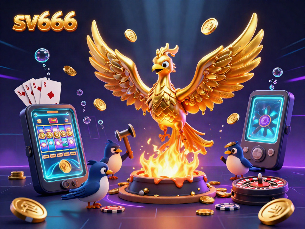 Engage with sv666 in this vibrant casino scene showcasing a phoenix and exciting game elements.