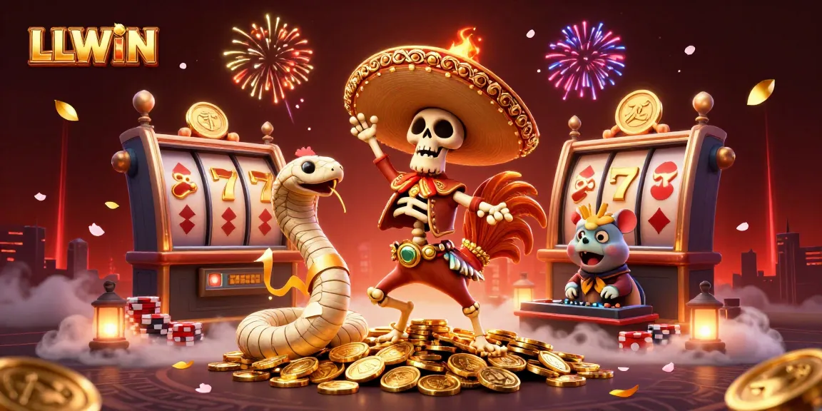 LLWIN showcases a vibrant 3D digital casino scene with a rooster celebrating among golden coins and gaming elements.