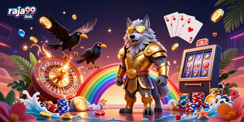 Engage with the raja99 link as 3D characters enjoy a vibrant casino scene filled with games.