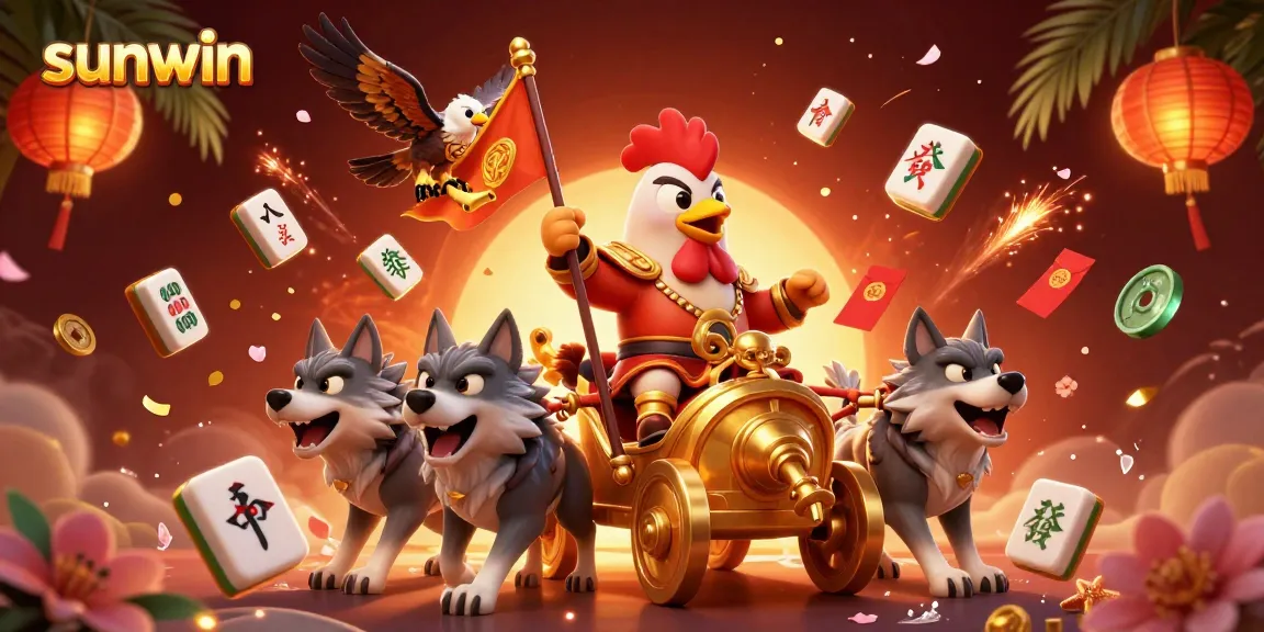 Engage in thrilling action at sunwin with a dynamic depiction of a rooster warlord and mystical elements.